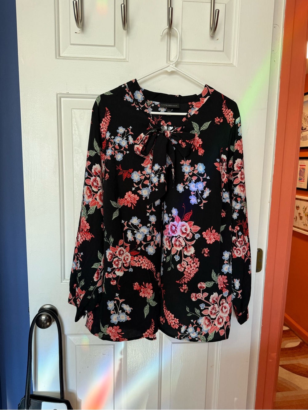 Lane Bryant Black Floral Tie-Neck Blouse with Pink and Blue Blooms